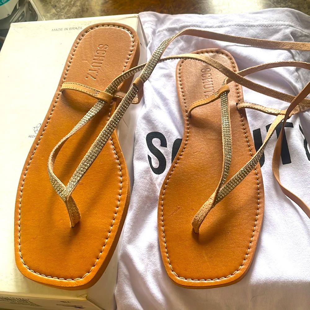 Schutz flat sandals. Cristal Honey Beige